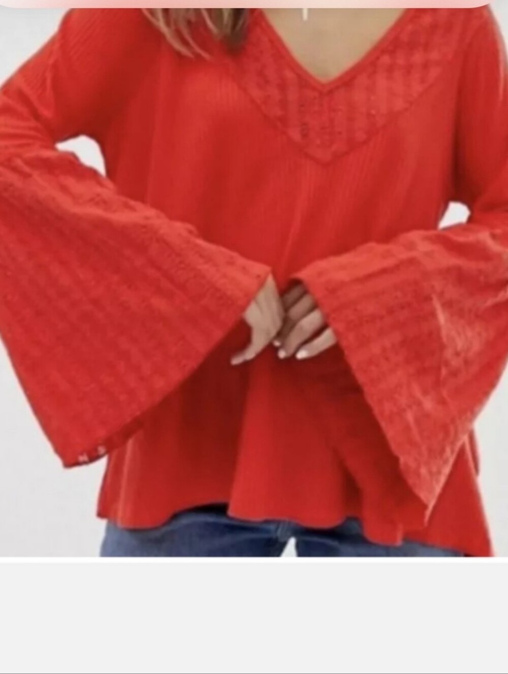 Free People Women's Orange Boho V-Neck Eyelet Flare Sleeves Waffle-Knit Top Sz S